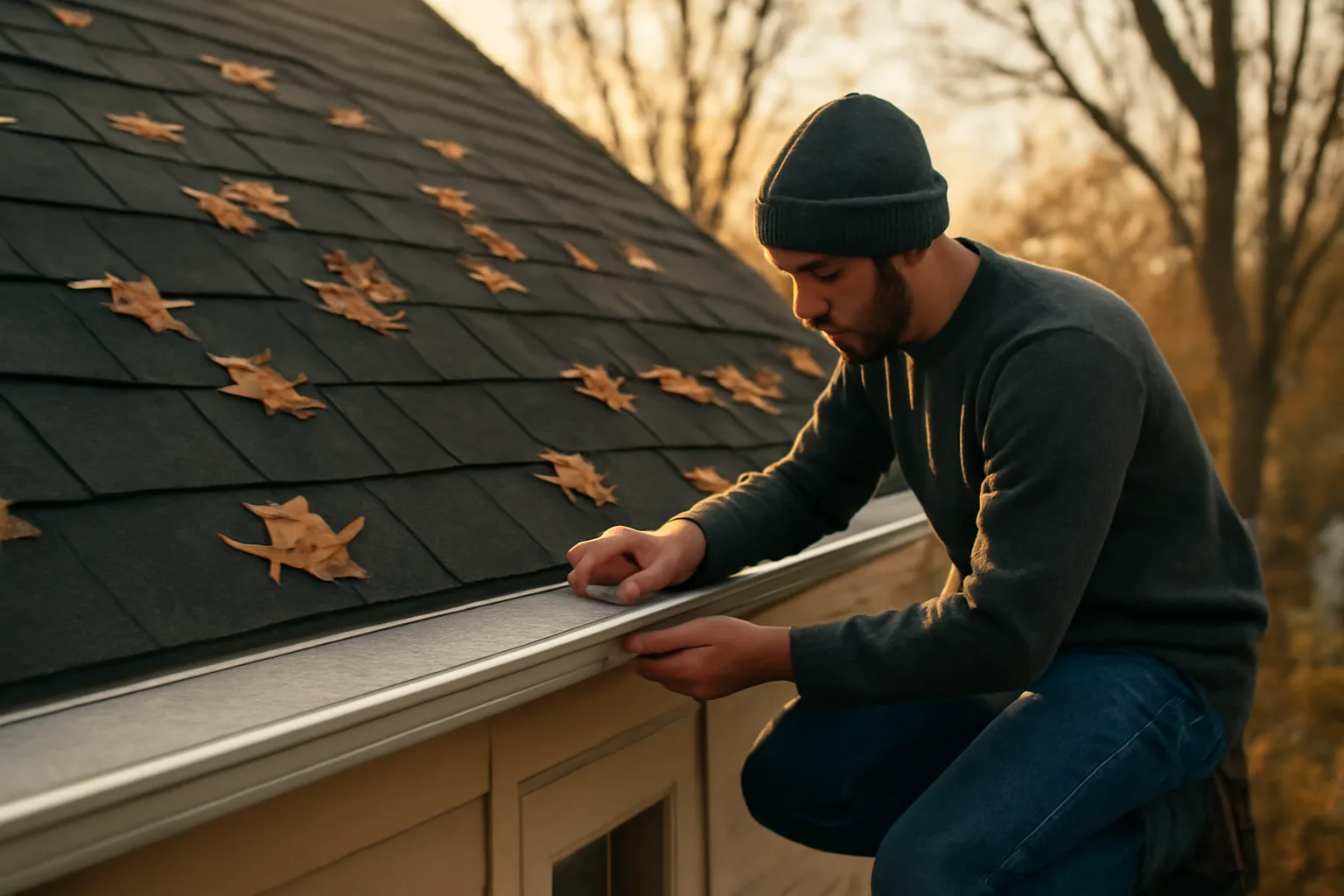 Worker fitting a metal leaf guard on an autumn residential roof