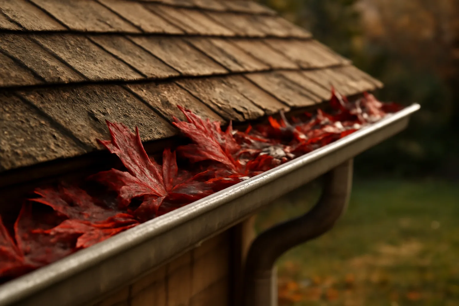 Wet maple leaves packed in a house gutter after rain
