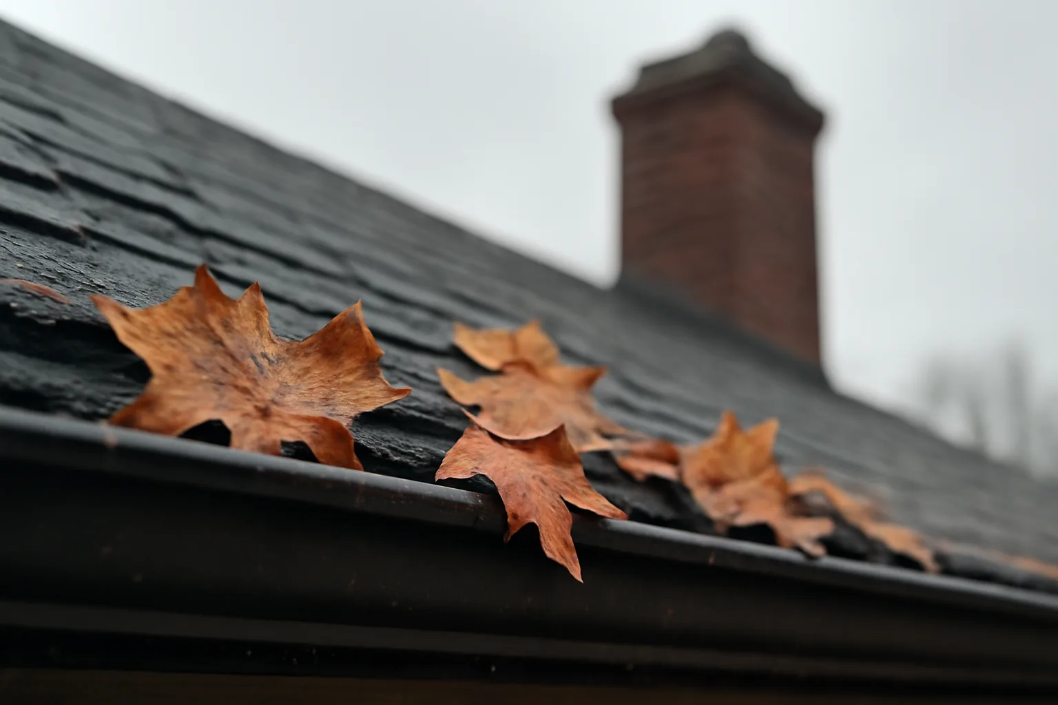 Aluminum rain gutter on a house eave with autumn leaves