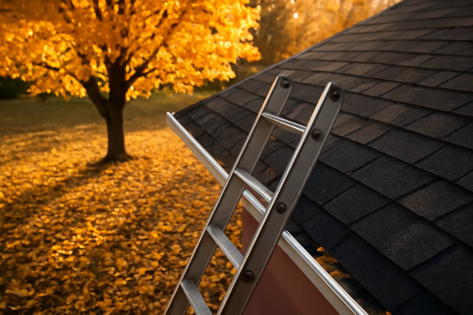 Bare aluminum rain gutters on a shingled roof before leaf guard