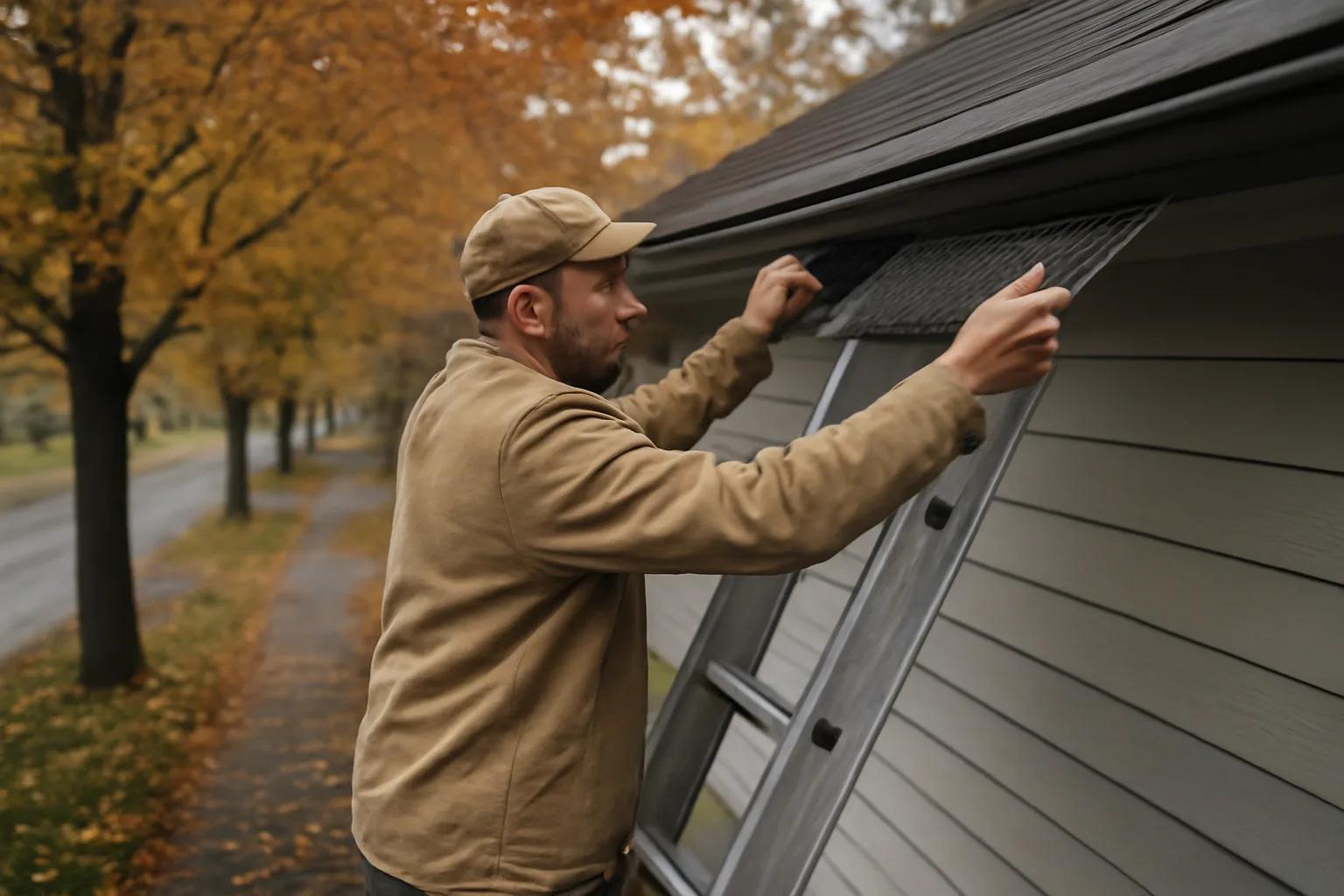 Worker seating metal leaf guard mesh into a house gutter