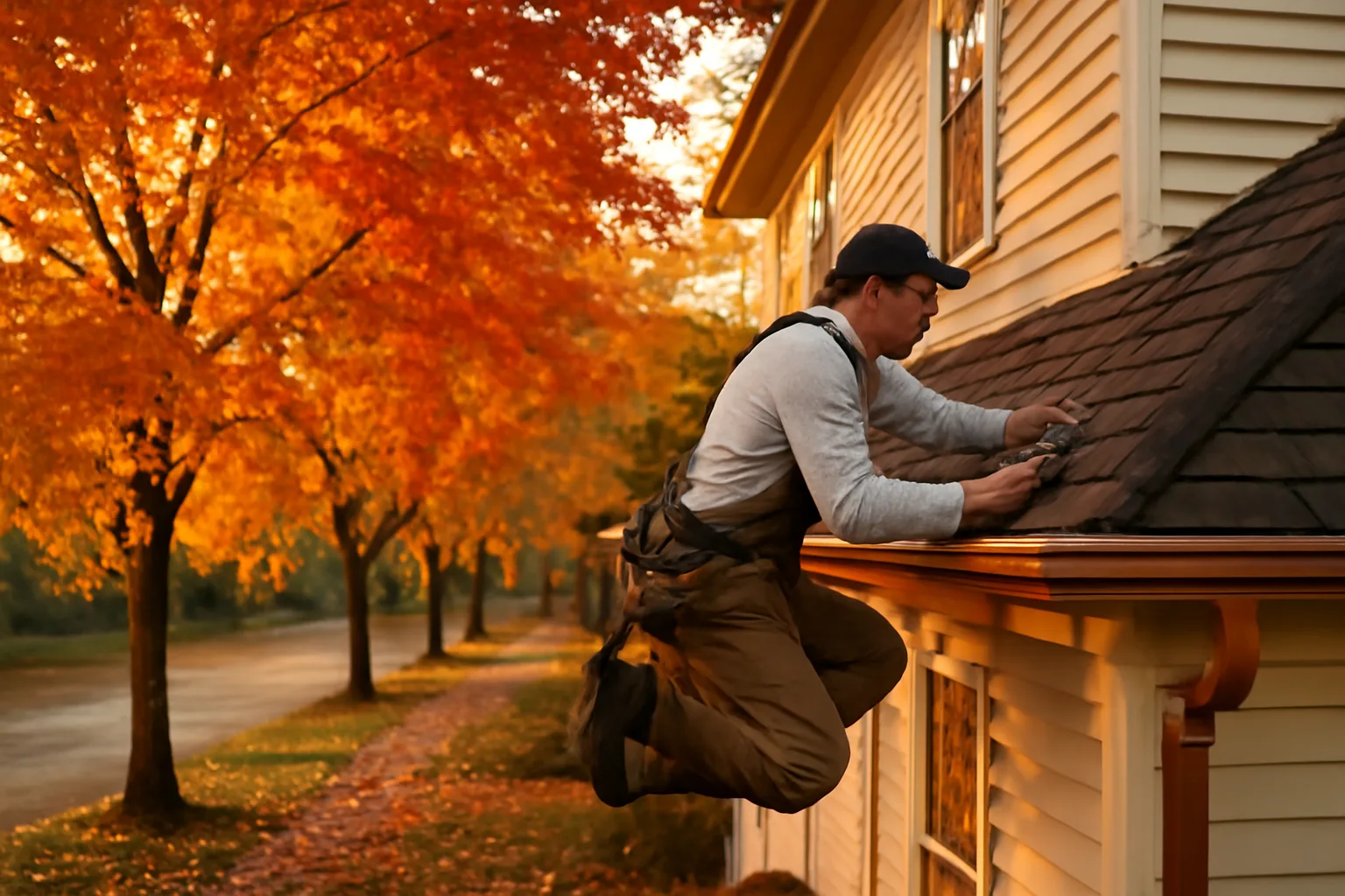 Worker seating a metal leaf guard on a clapboard house gutter