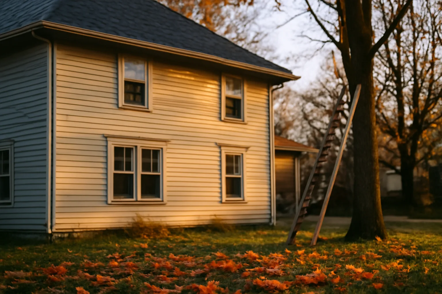 Autumn house eave with rain gutters and fallen maple leaves