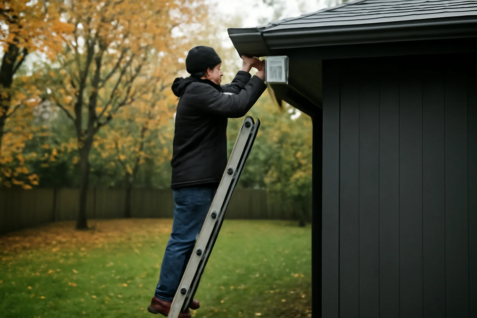Installer fitting a metal leaf guard onto a house gutter