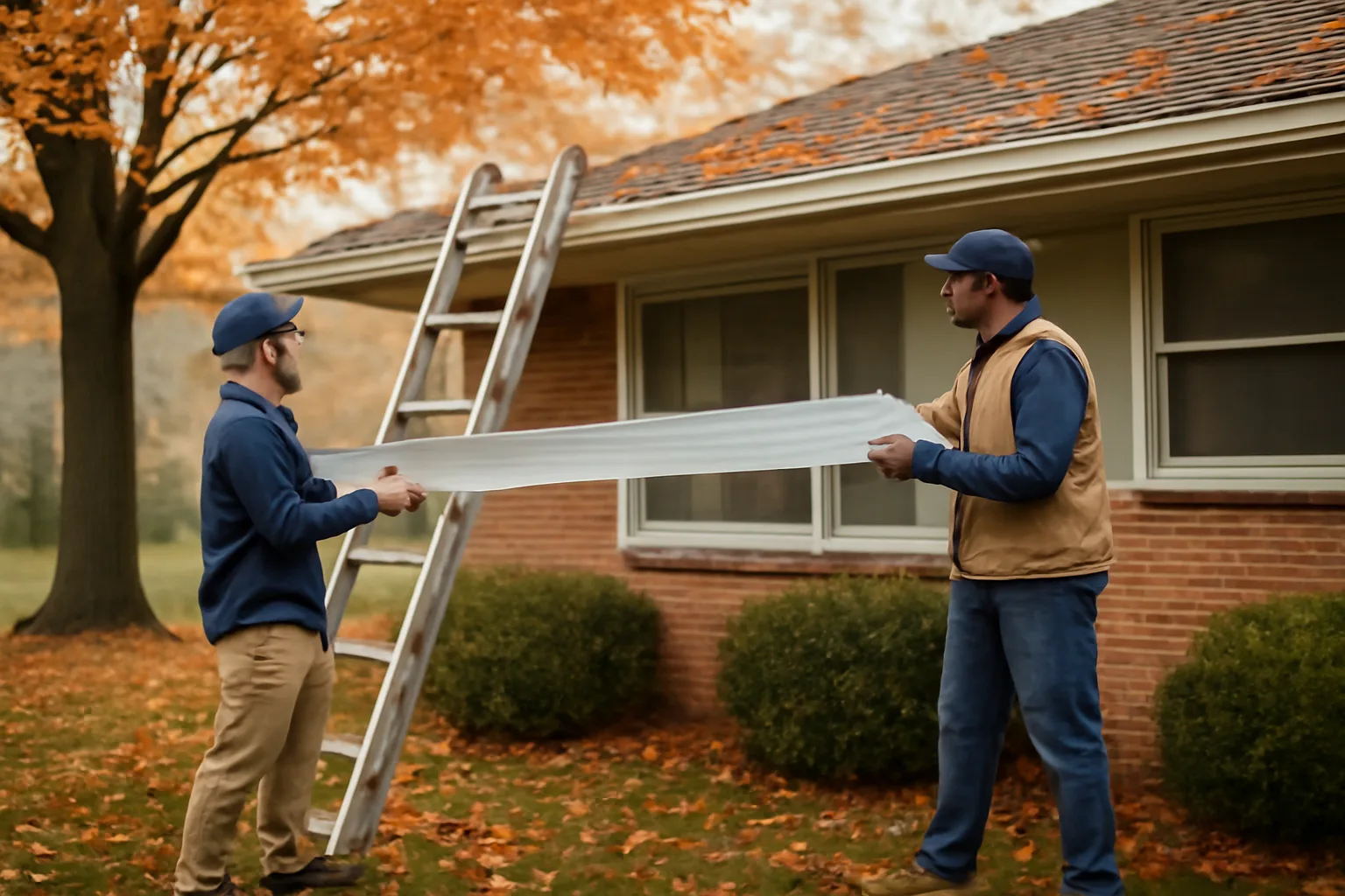 Crew staging leaf guard covers by a ranch house gutter