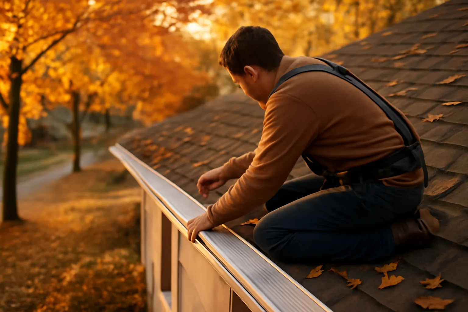 Installer setting a metal leaf guard on a shingled roof edge