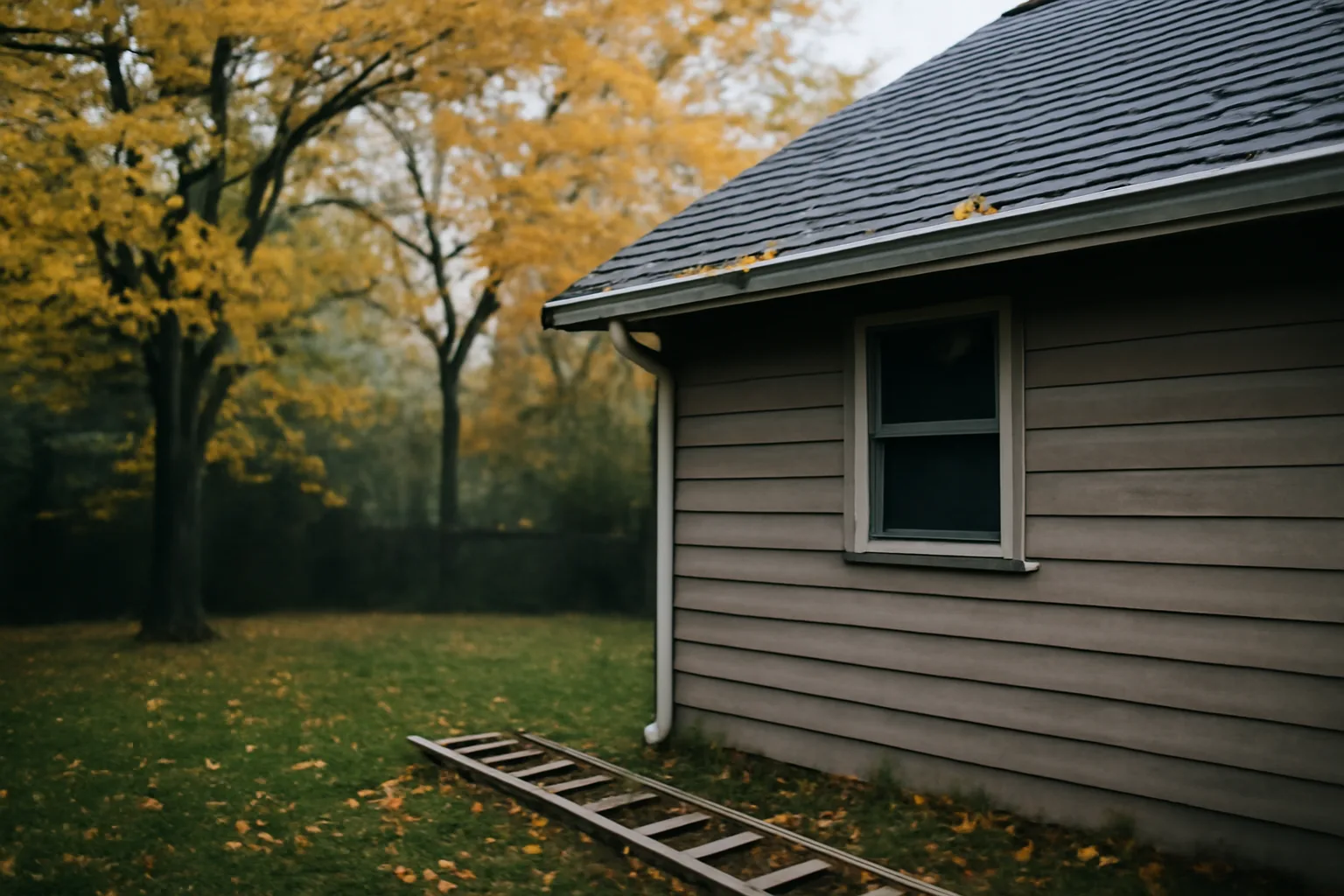 Wet roof gutter on a wood house before a leaf guard job