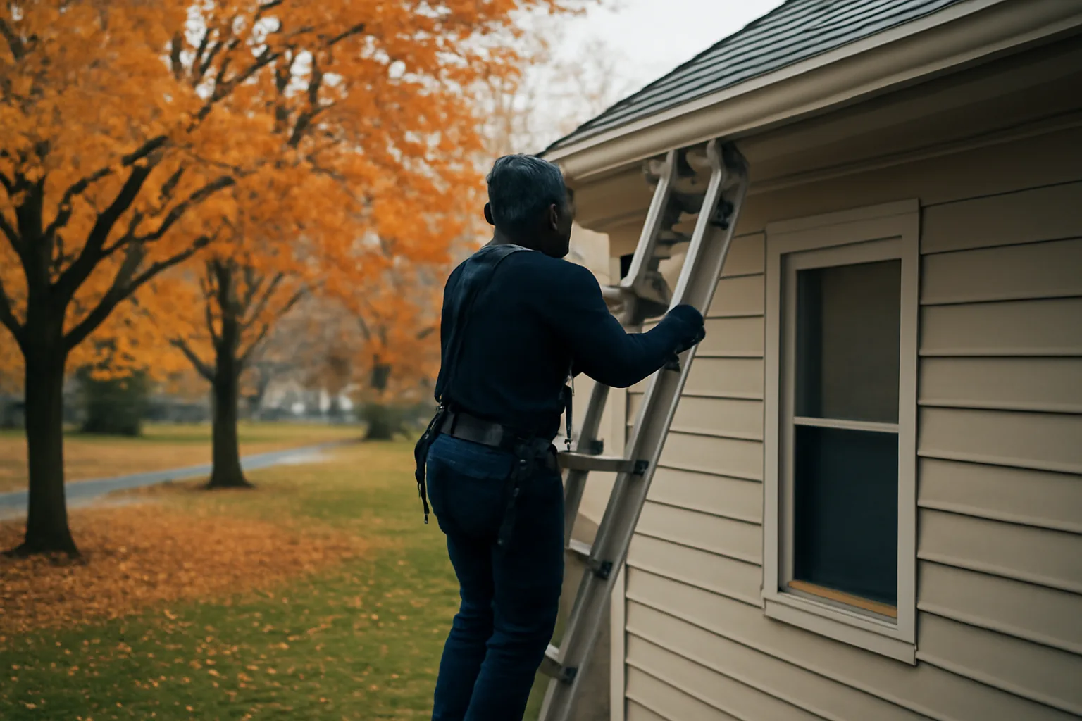 Worker on a ladder installing leaf guard on a house gutter
