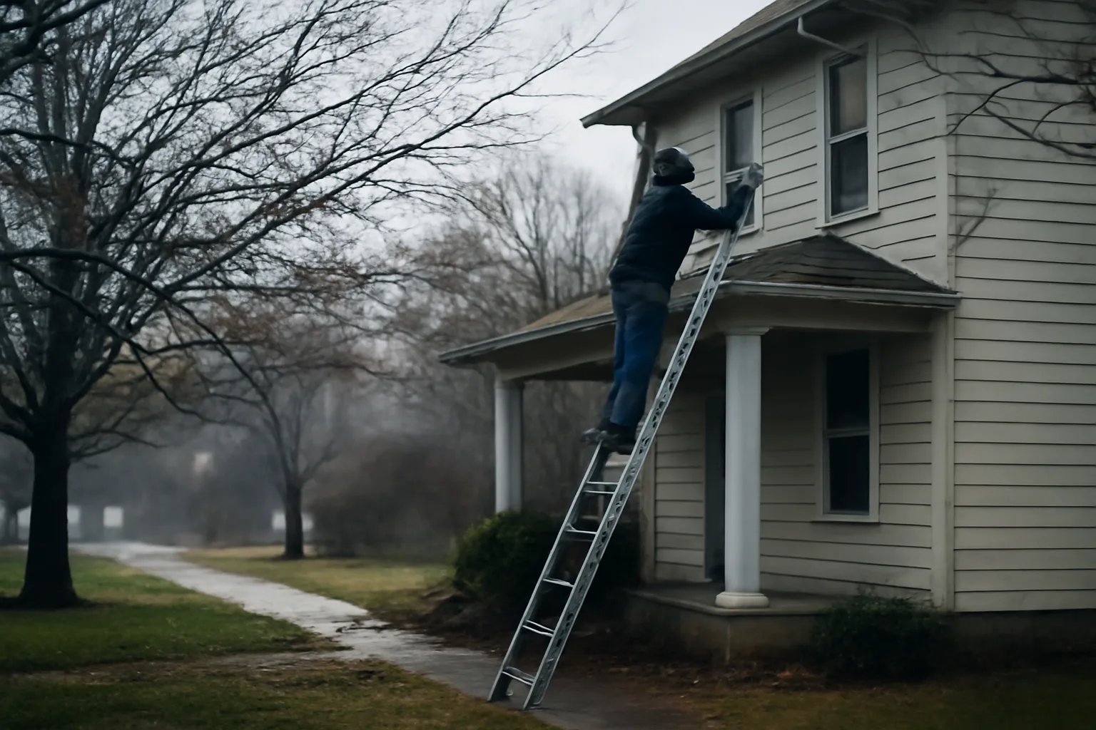 Person on a ladder installing a leaf guard on house gutters