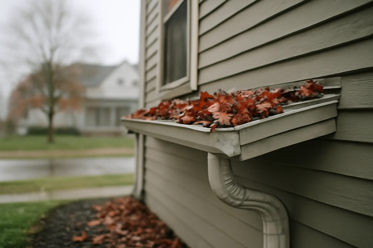 Open aluminum house gutter packed with wet maple leaves
