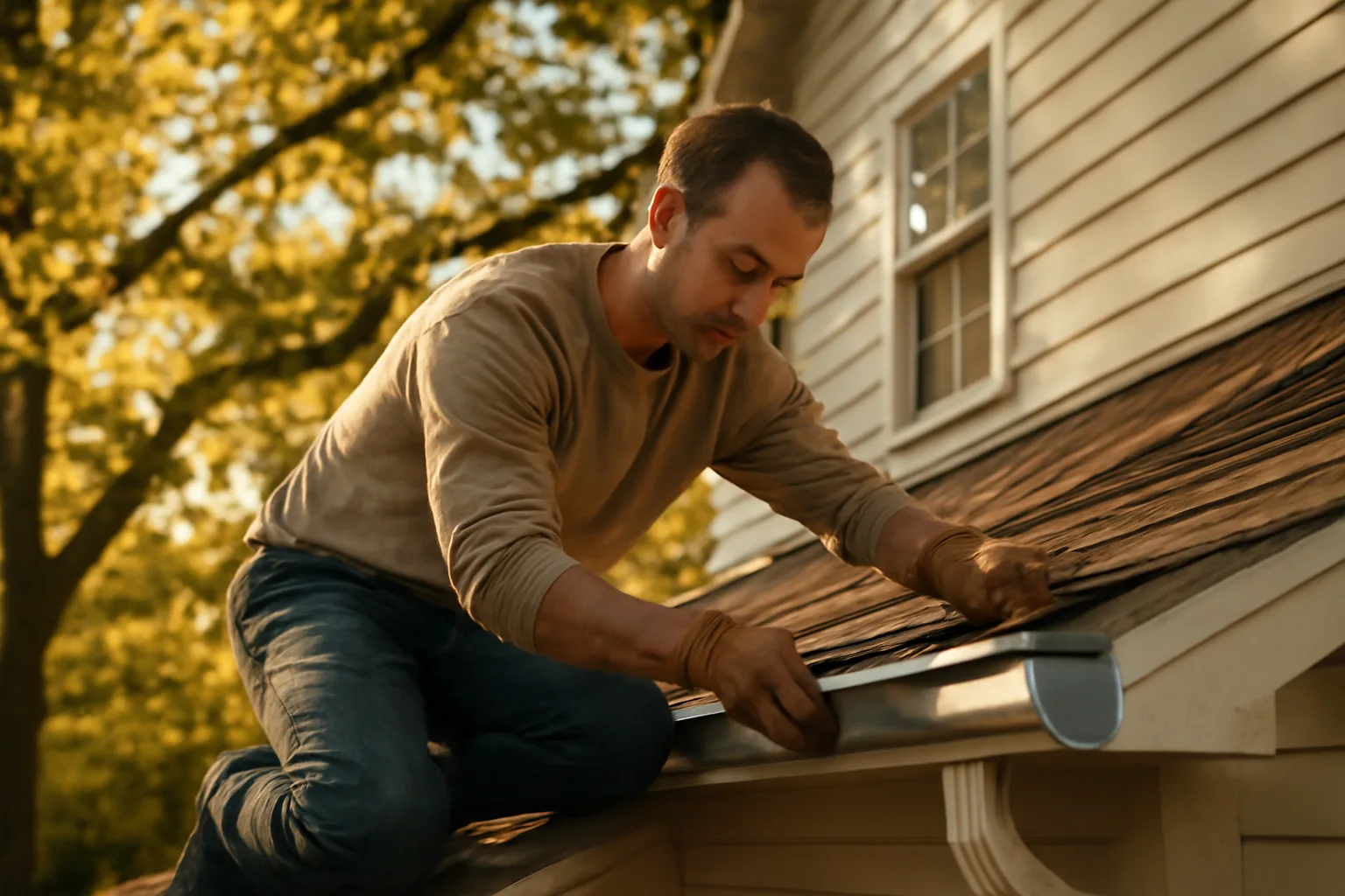 Worker seating metal leaf guard on an oak-shaded residential eave