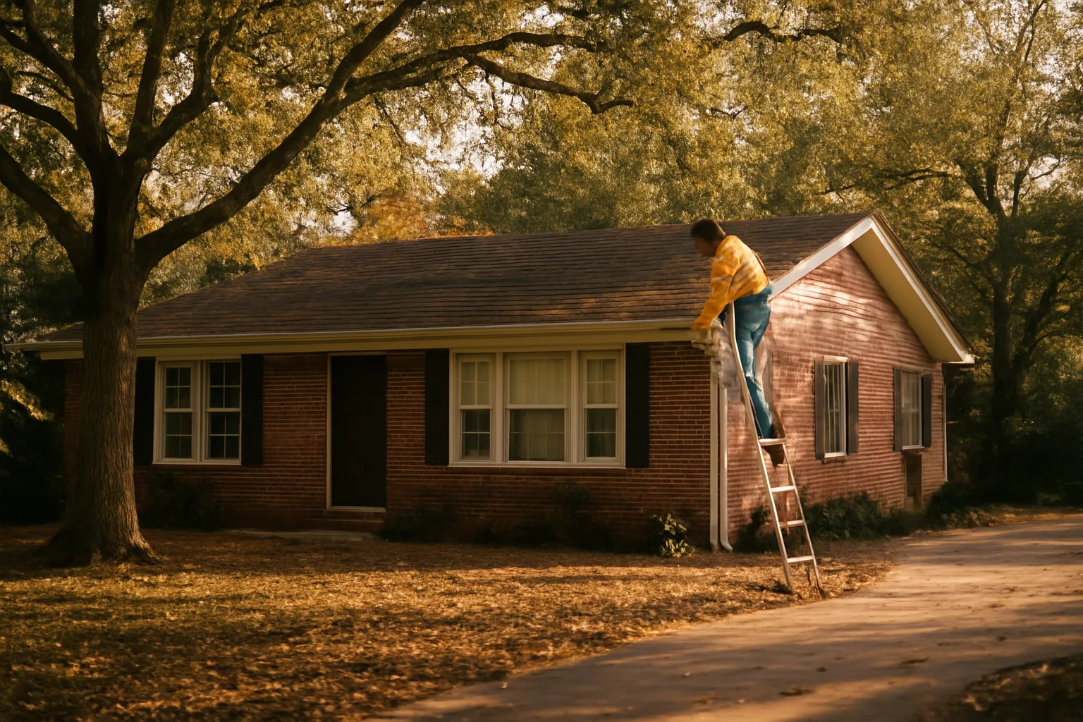 Worker installing leaf guard on a brick house in Alabama