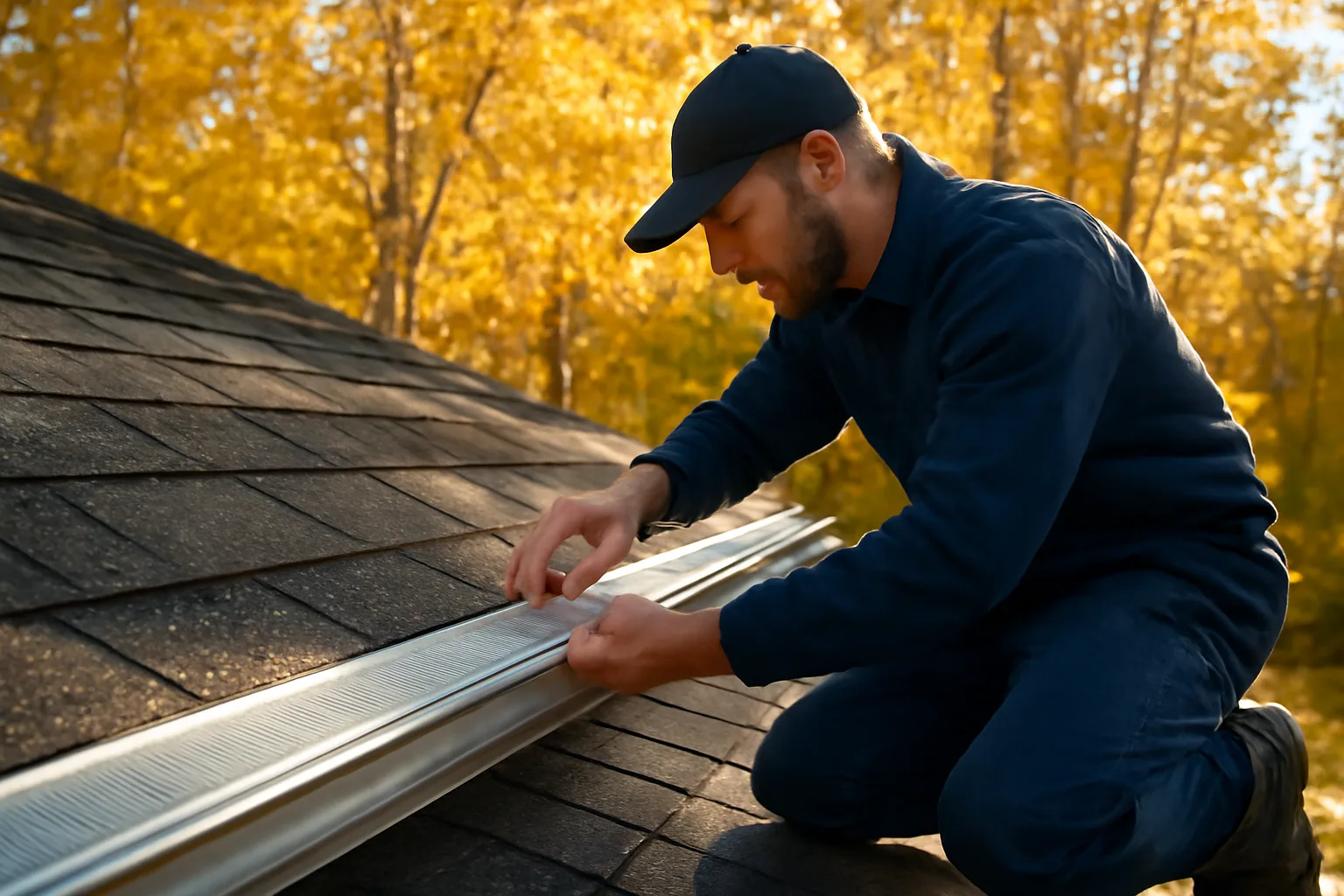 Installer fitting a metal leaf guard on an Alaska home roof