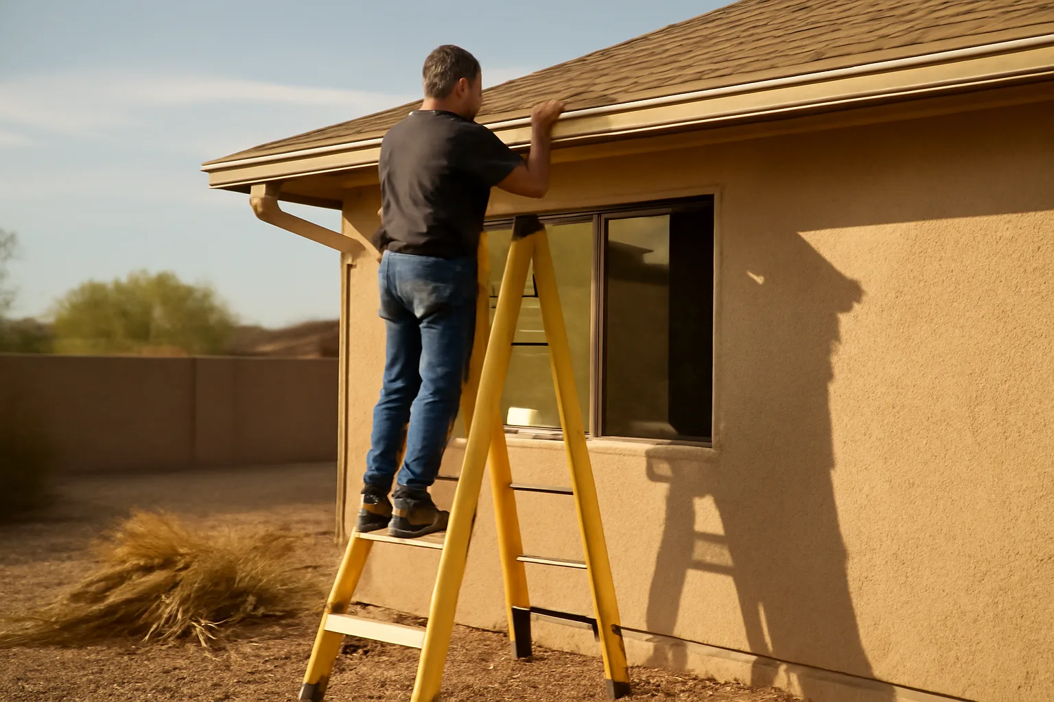 Worker checking a Phoenix house gutter before leaf guard work