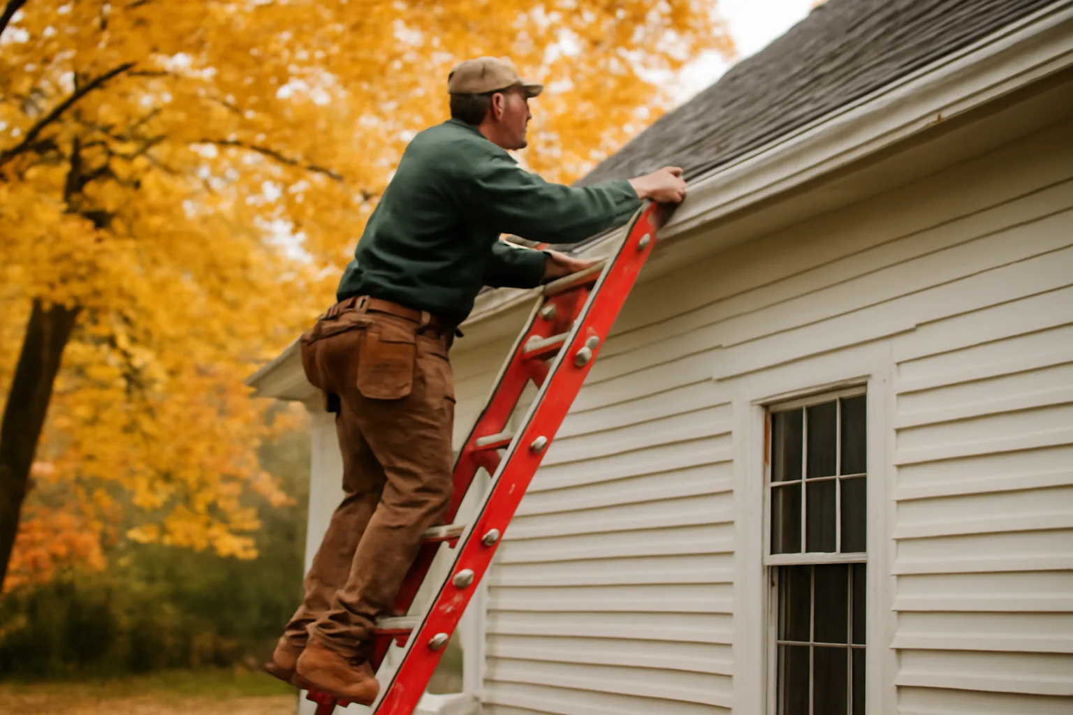 Installer on ladder fitting leaf guards on a Vermont farmhouse roofline in autumn