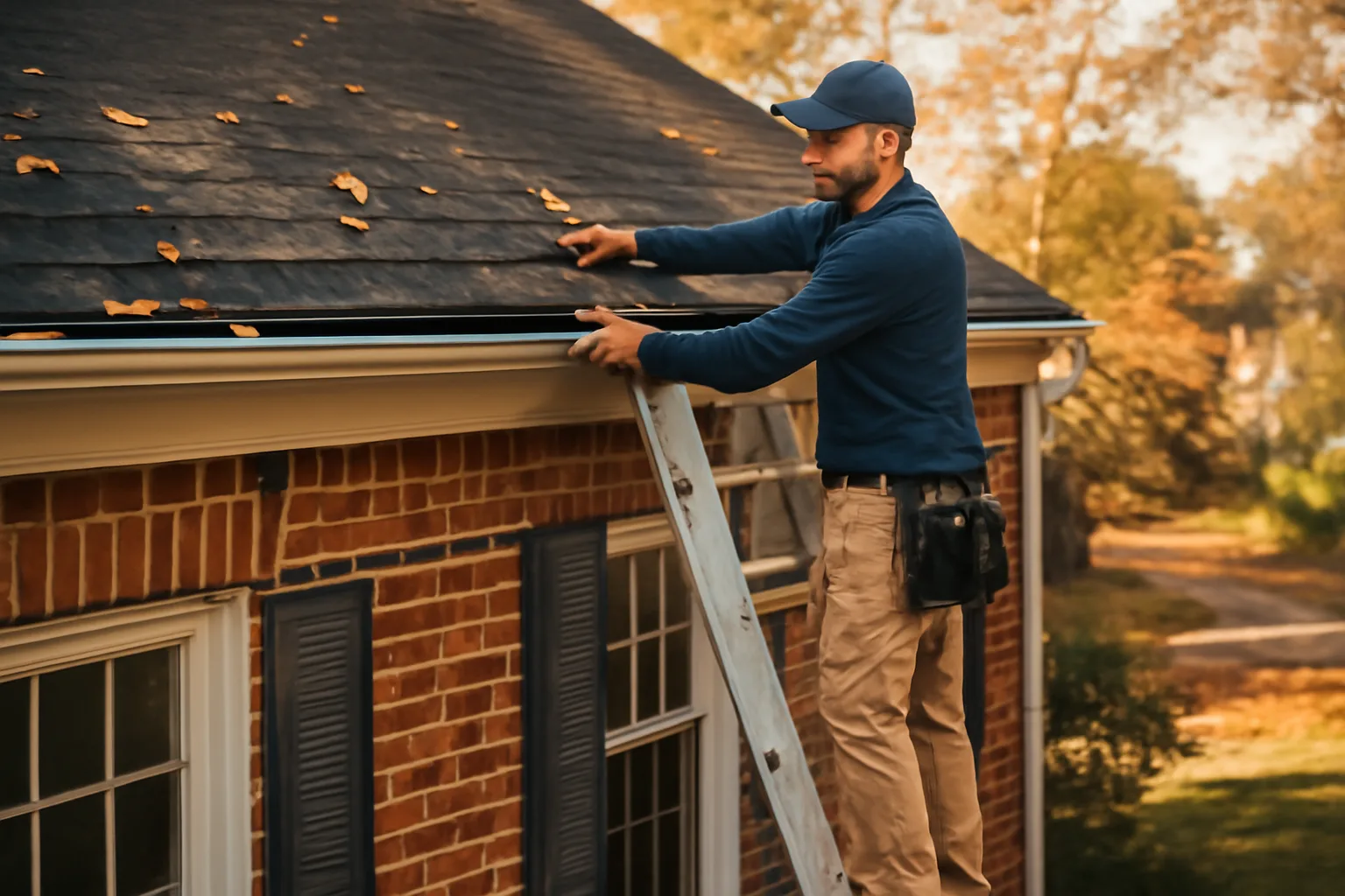 Contractor installing mesh leaf guard on gutter of two-story brick home in Virginia fall