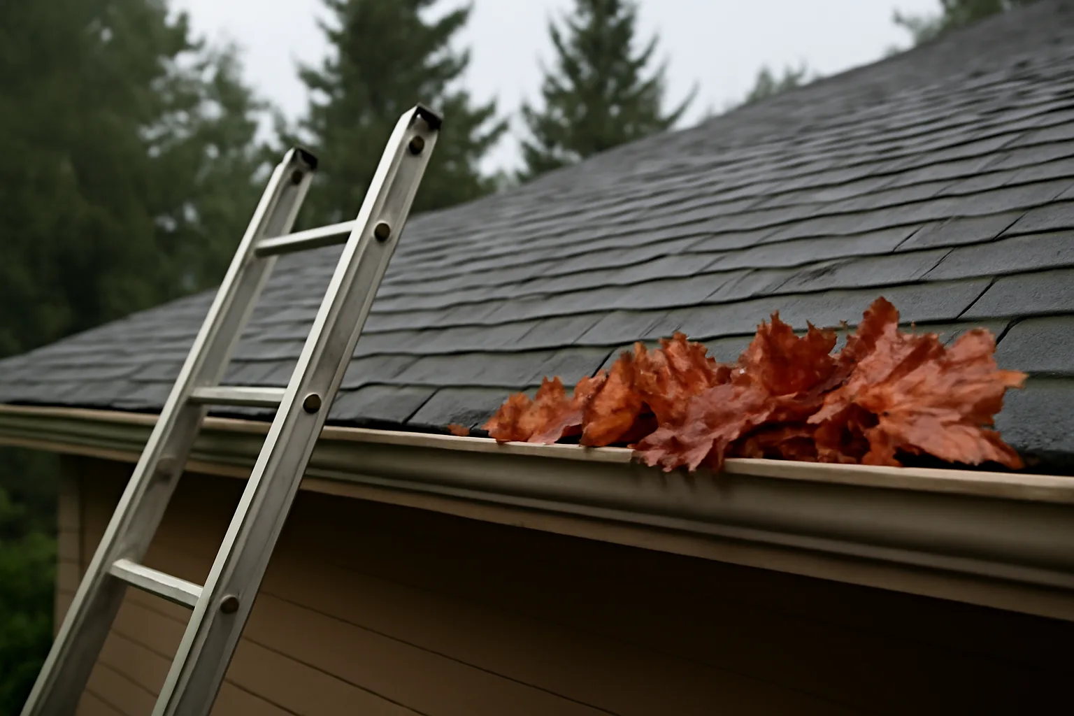 Ladder against a home roofline with maple leaves filling the gutter in Washington