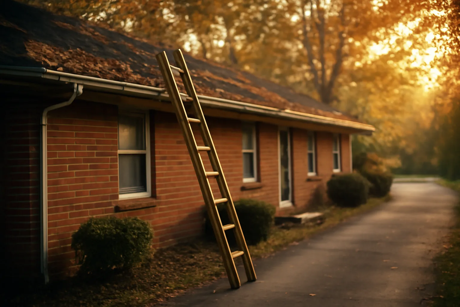Wet oak leaves packed in a gutter on an Alabama brick ranch