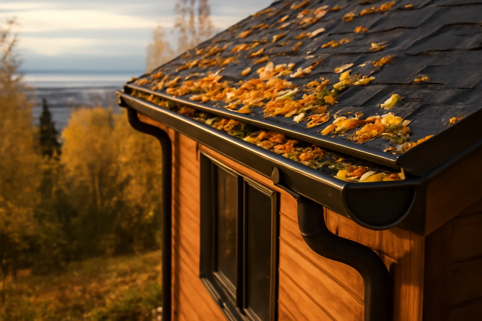 Spruce needles and birch leaves packed in Anchorage house gutters
