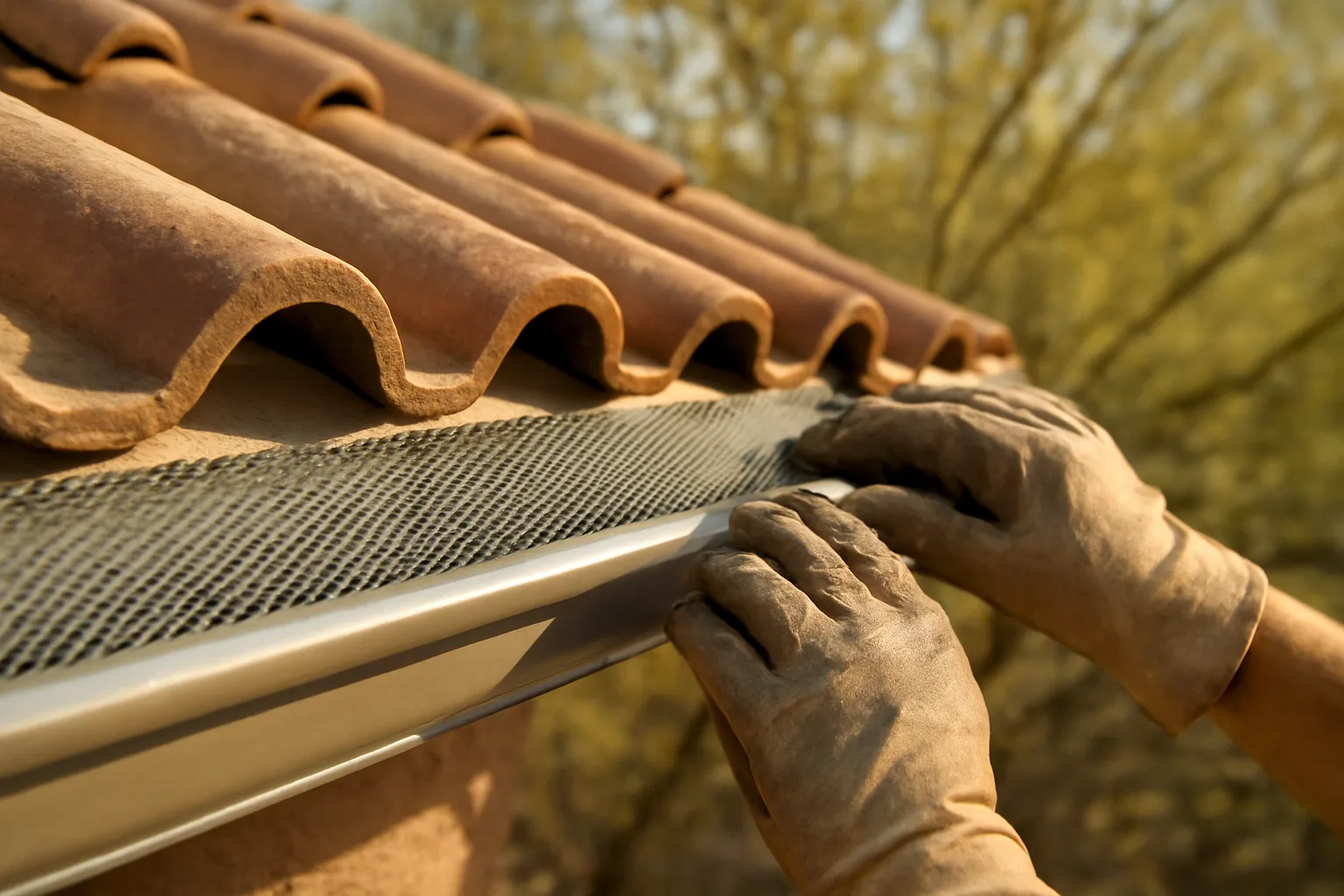 Metal leaf guard on a Phoenix clay tile roof gutter