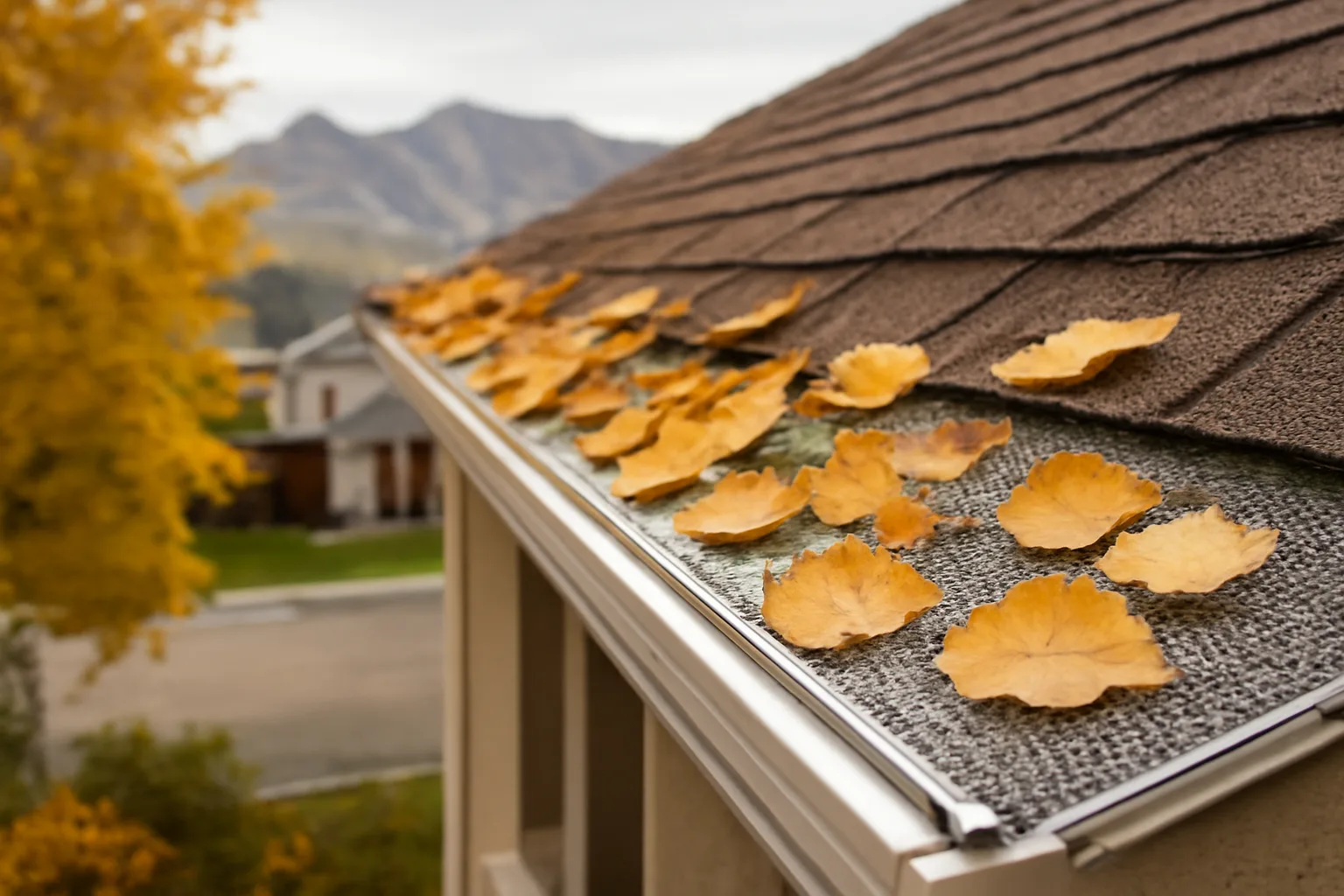 Aluminum micro-mesh leaf guard on a Utah home gutter with autumn leaves
