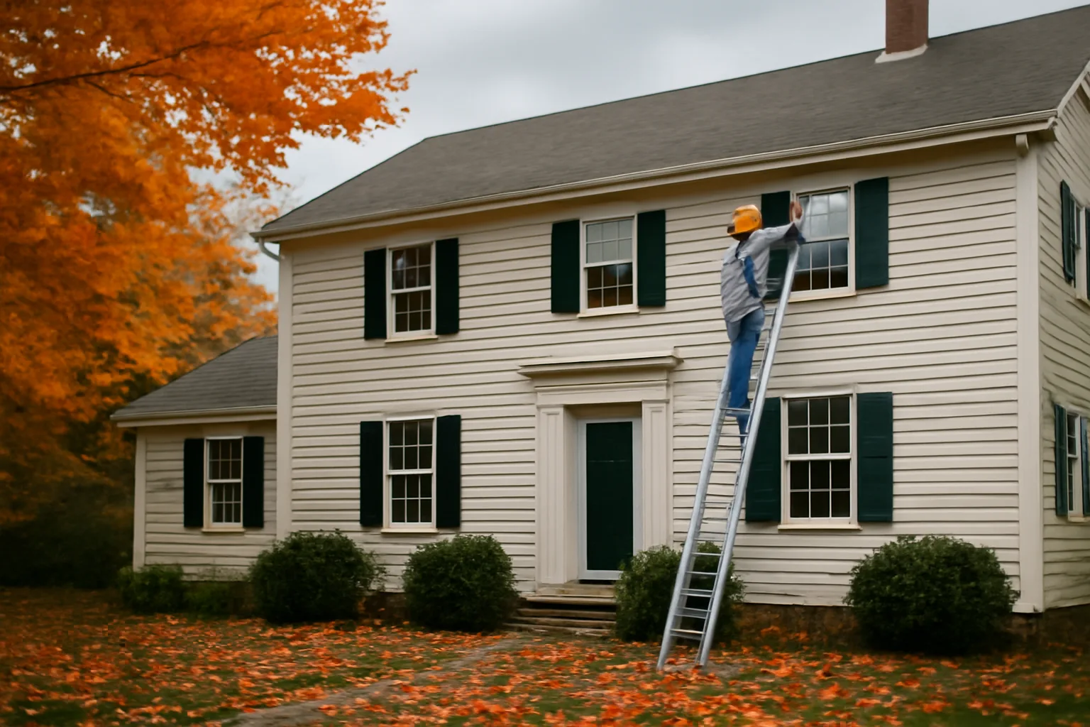 Worker installing leaf guard on a Vermont colonial home eave in autumn