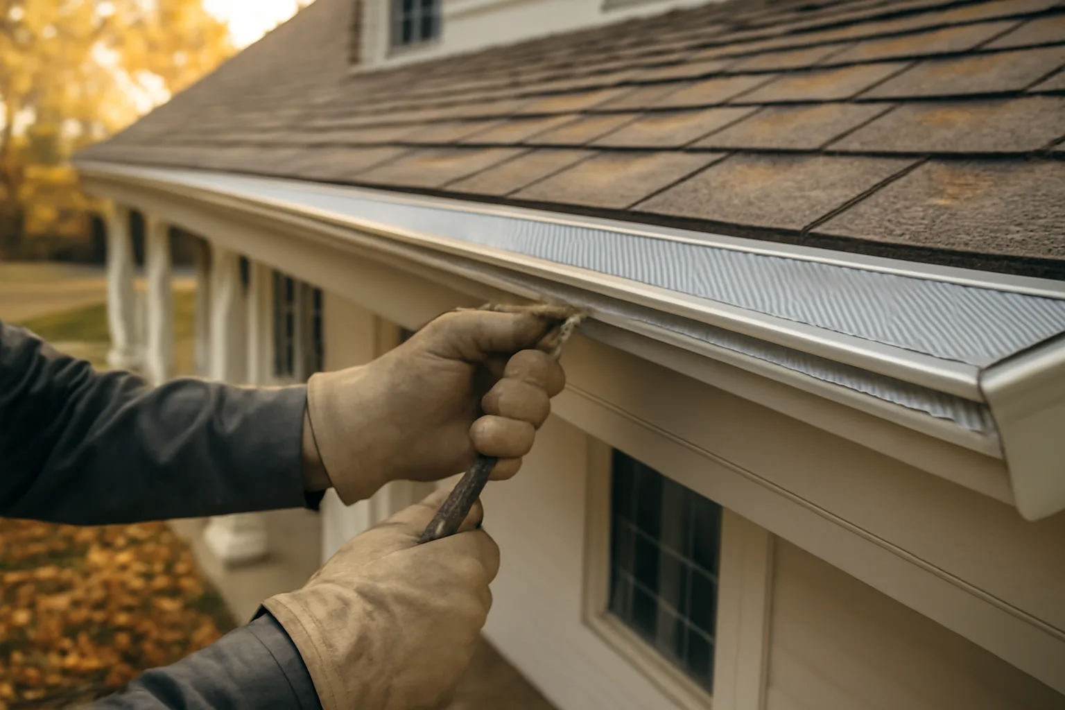 Contractor installing micromesh leaf guard on a Virginia home's gutters in autumn