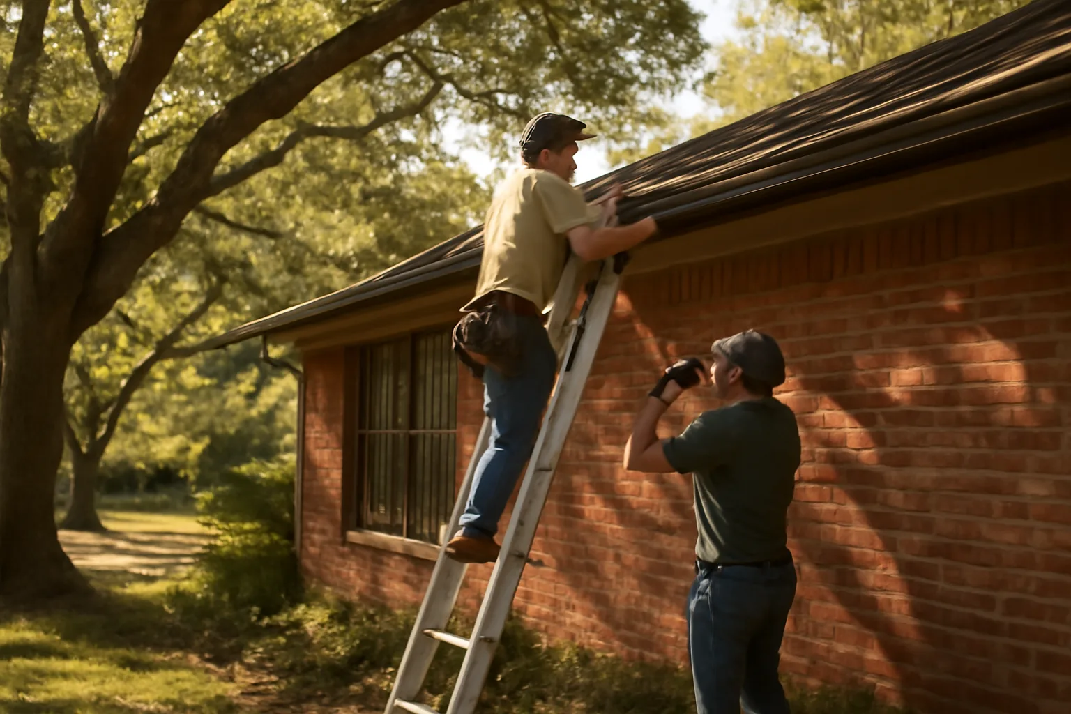 Crew installing leaf guard mesh on a brick Alabama house