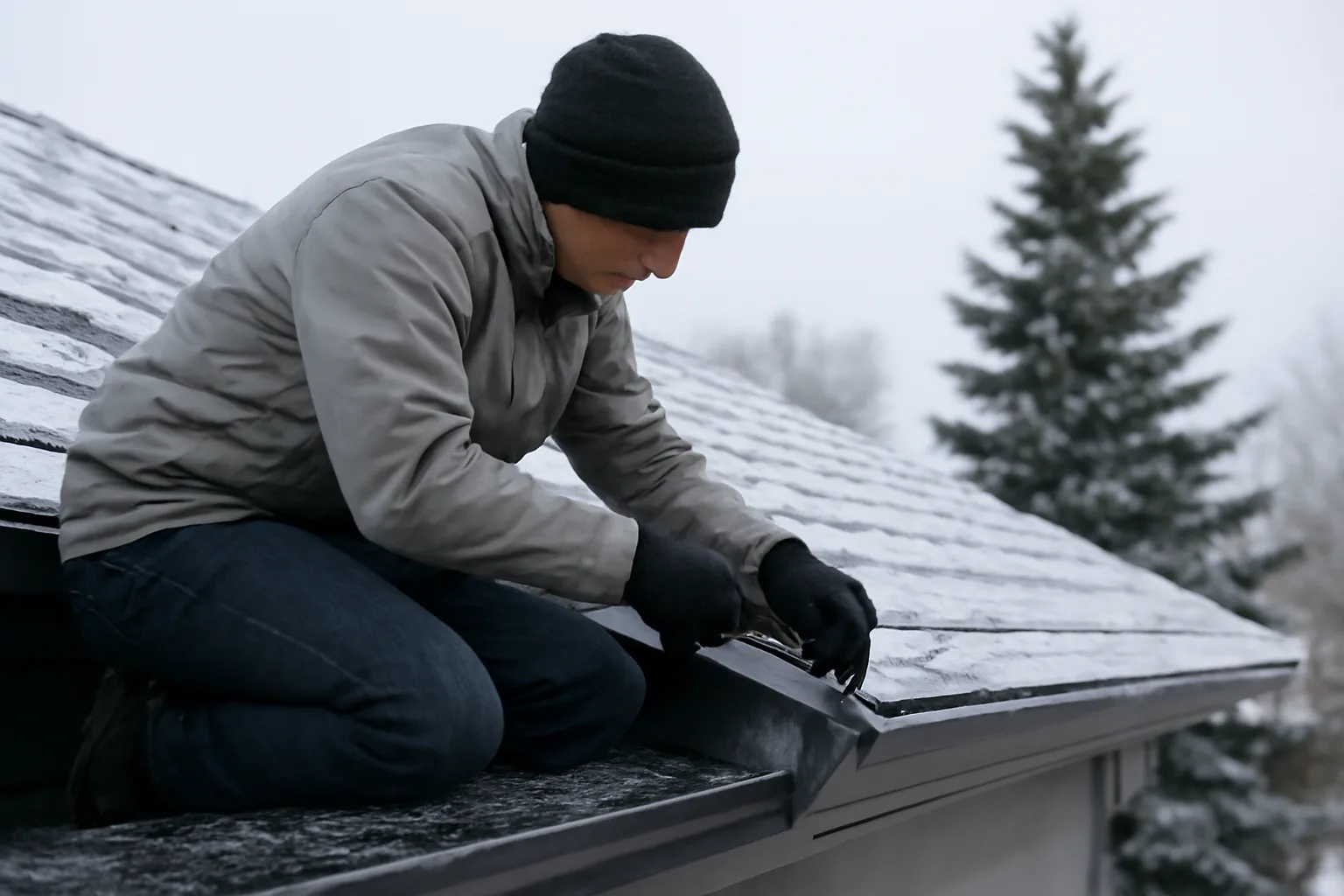 Installer fitting a leaf guard on an Anchorage house gutter