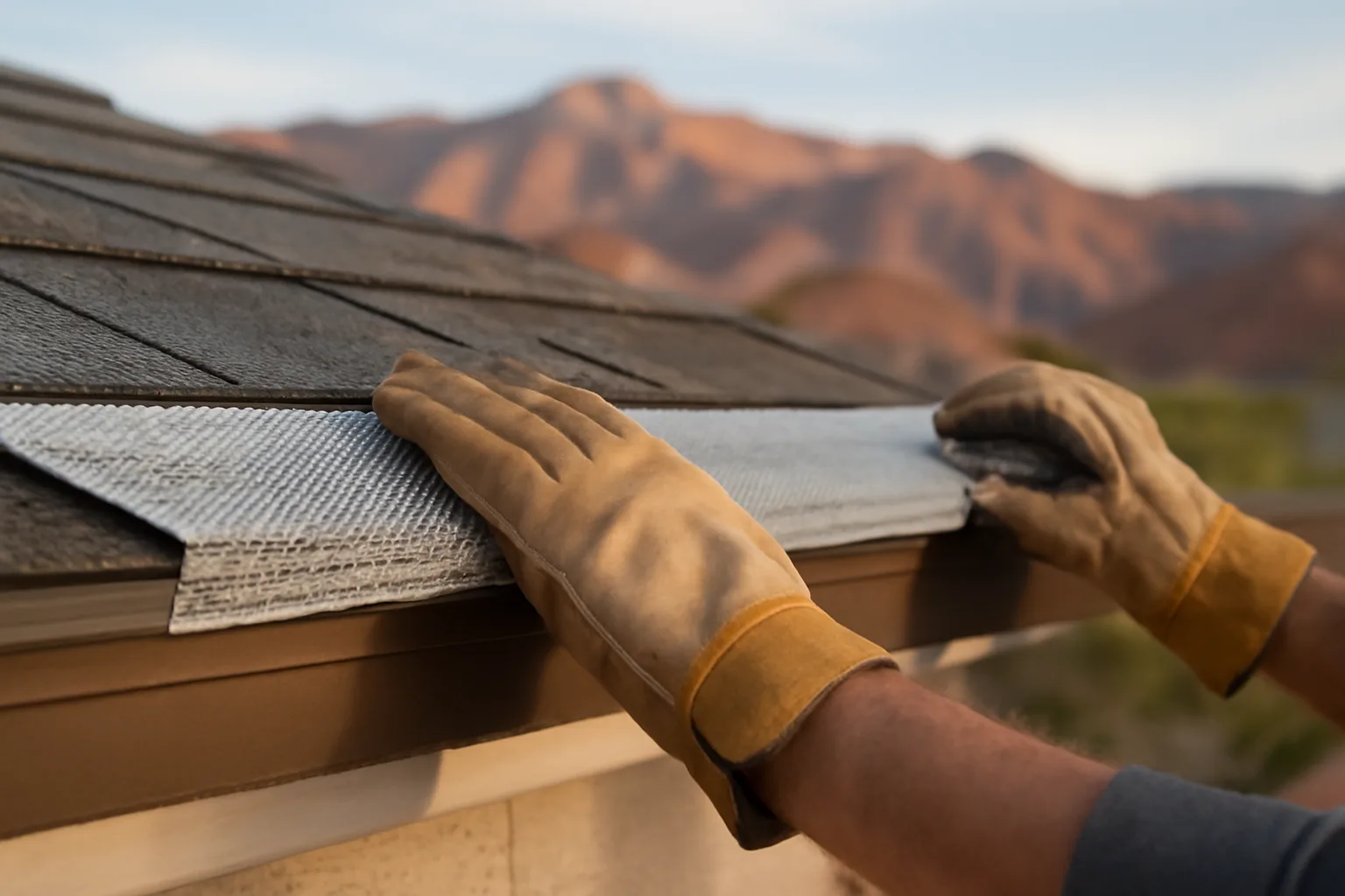 Contractor installing a leaf guard panel on a Utah home fascia board