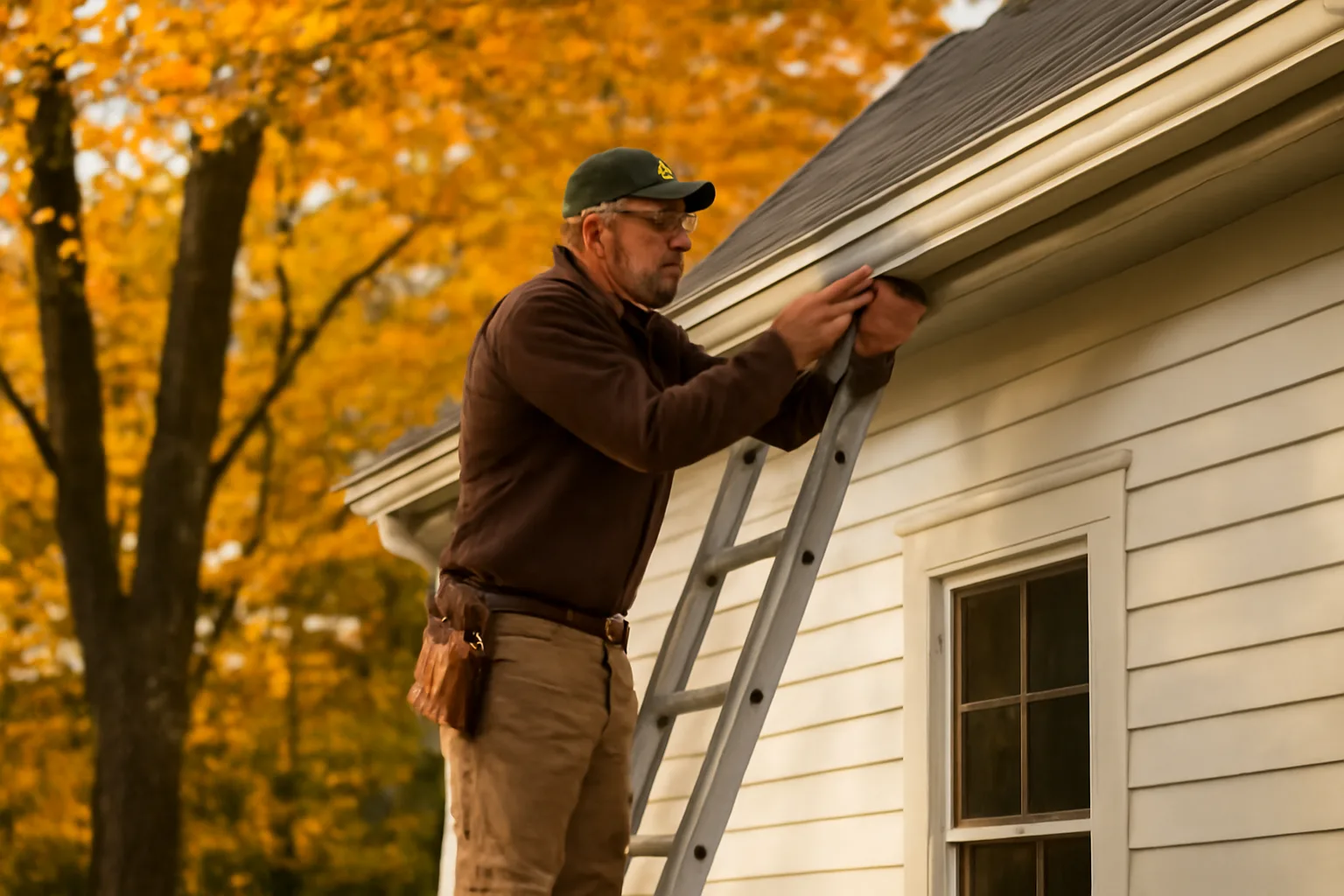 Contractor installing leaf guard on a Vermont farmhouse gutter in autumn