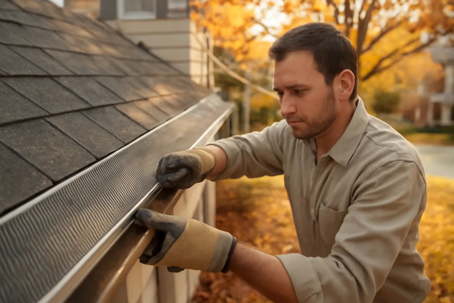 Contractor installing micro-mesh leaf guard system on Virginia home gutters in fall light