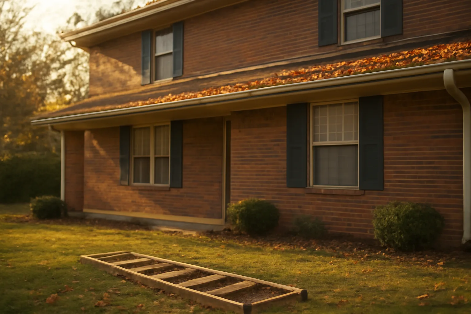 Brick Alabama house gutters lined with fallen oak leaves