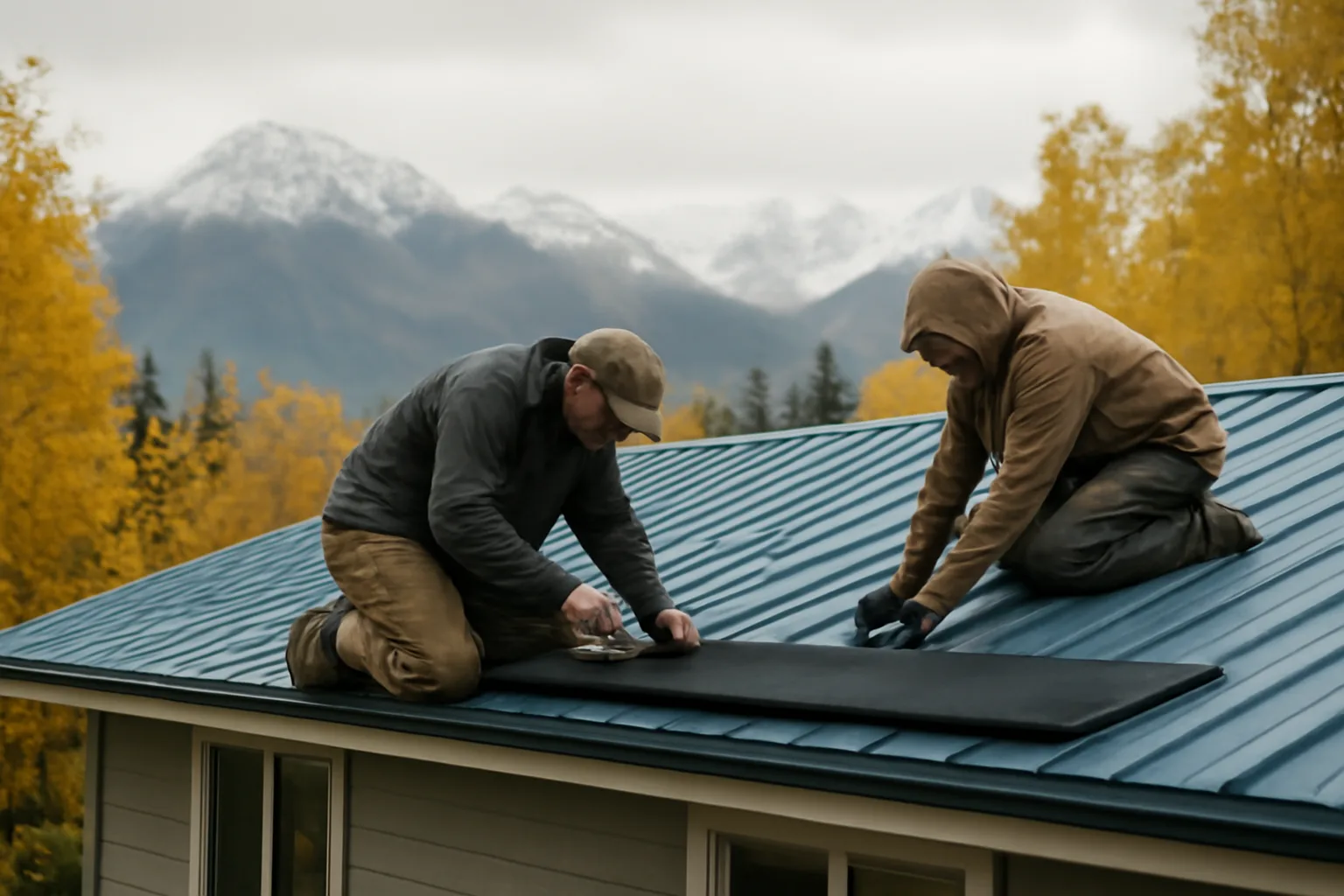 Crew installing leaf guard on a metal residential roof in Anchorage