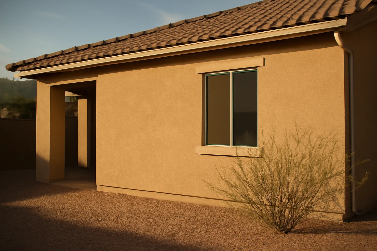 Aluminum gutter on a Phoenix stucco house in afternoon light