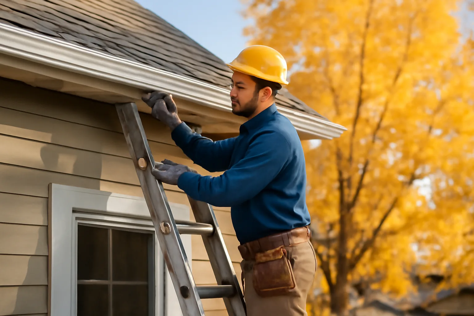 Contractor installing aluminum leaf guard on a Utah home in autumn