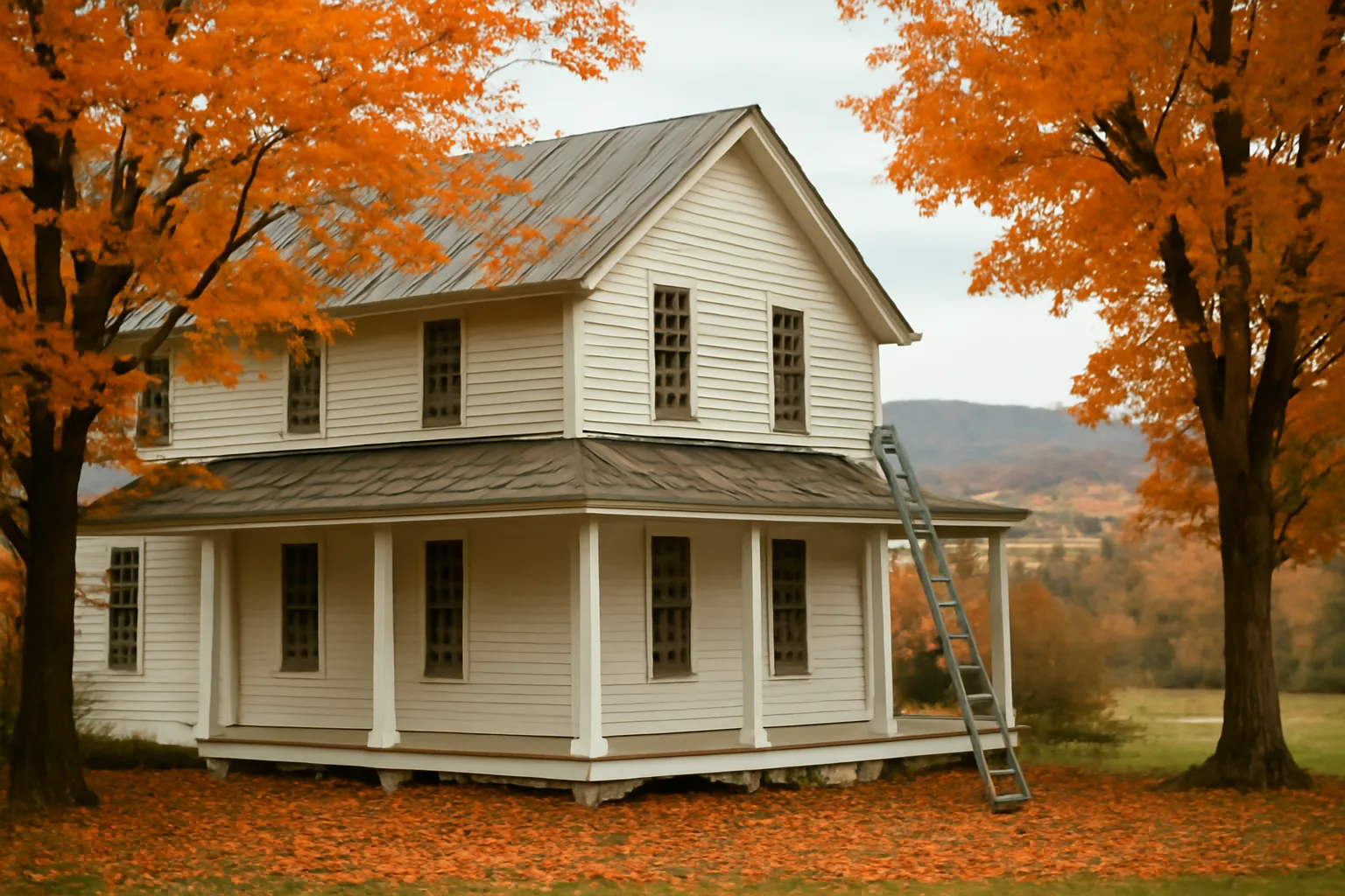 Vermont farmhouse with autumn leaves and aluminum gutters awaiting leaf guard installation
