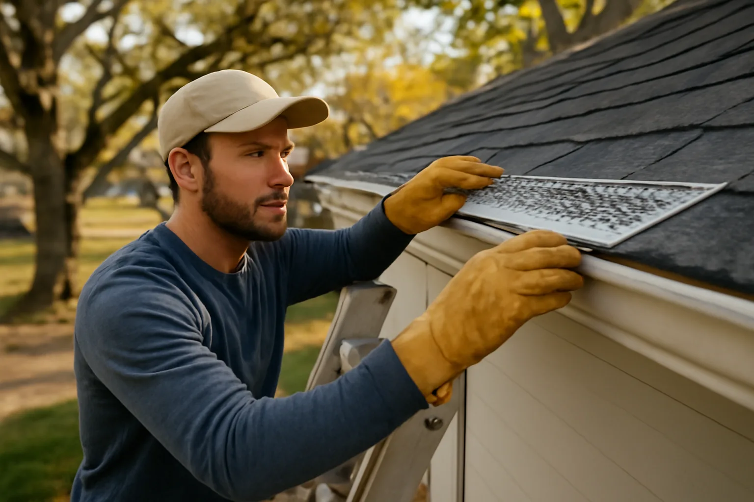 Contractor installing leaf guard on gutters from a ladder on a Virginia home